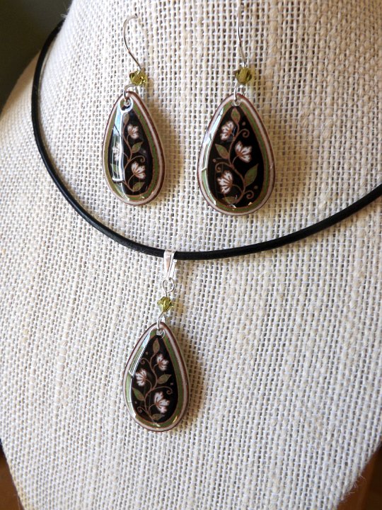 Green and Black Spring Vines Teardrop Earrings and Matching Necklace Pysanky Jewelry by So Jeo